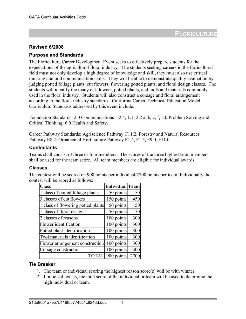 CATA Curricular Activities Code Floriculture