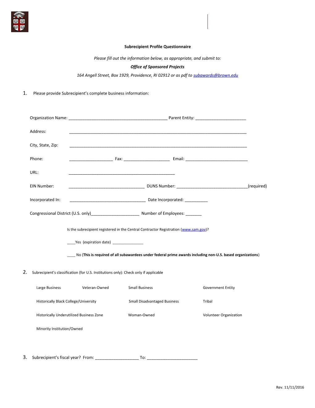 Subrecipient Profile Questionnaire