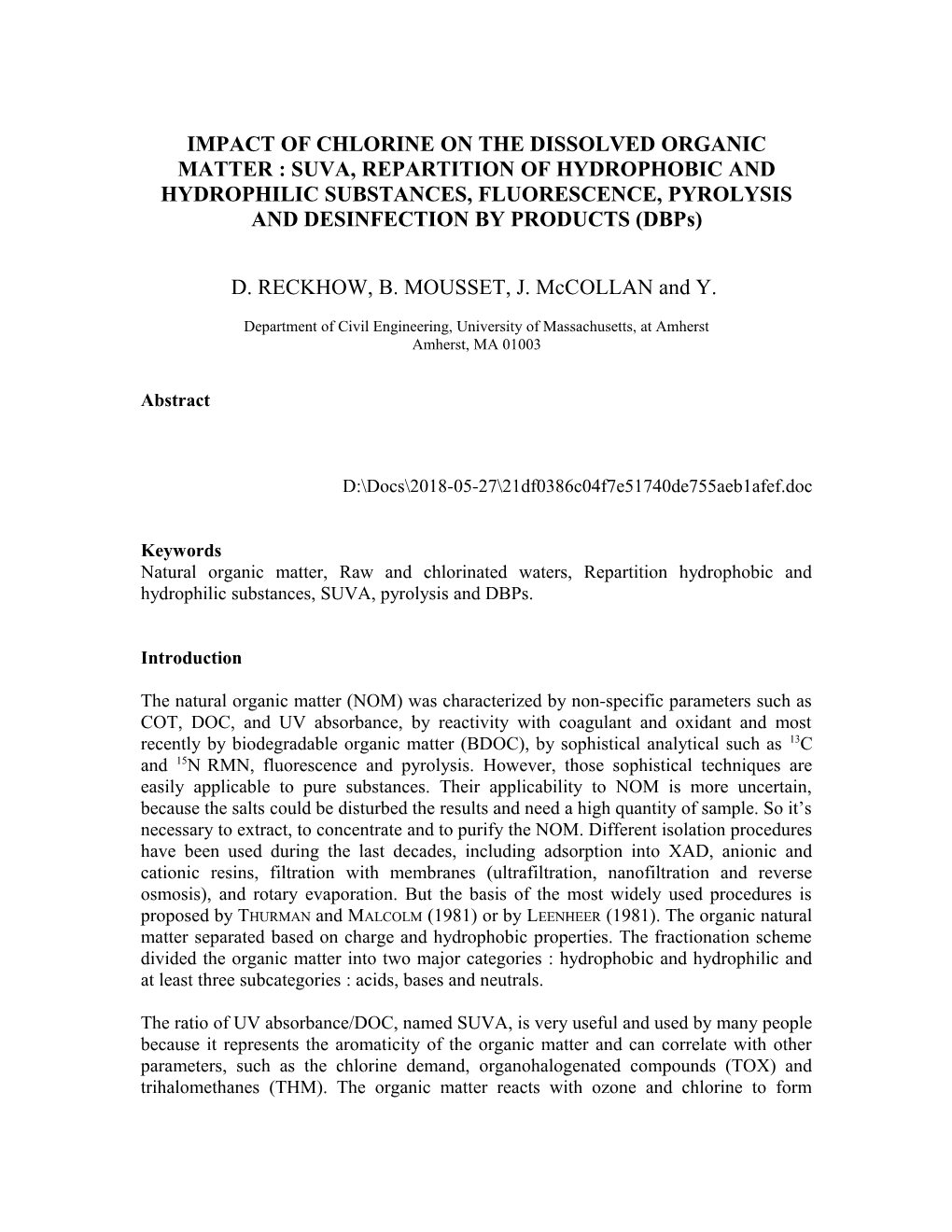 Impact of Chlorine on the Dissolved Organic Matter : Suva, Repartition of Hydrophobic And