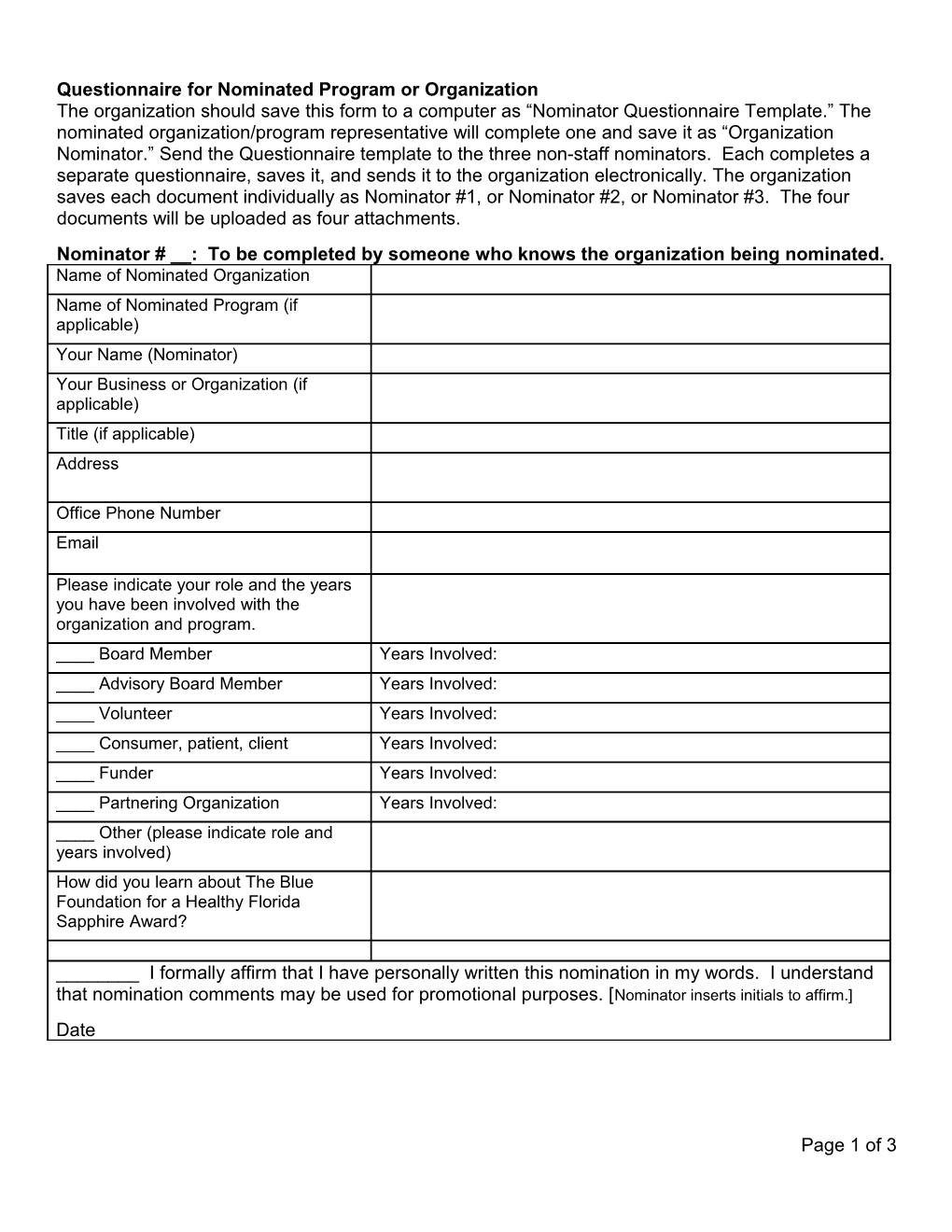 Questionnaire for Nominated Program Or Organization