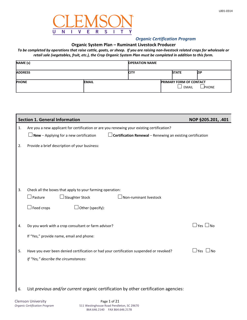 Organic System Plan Ruminant Livestock Producer