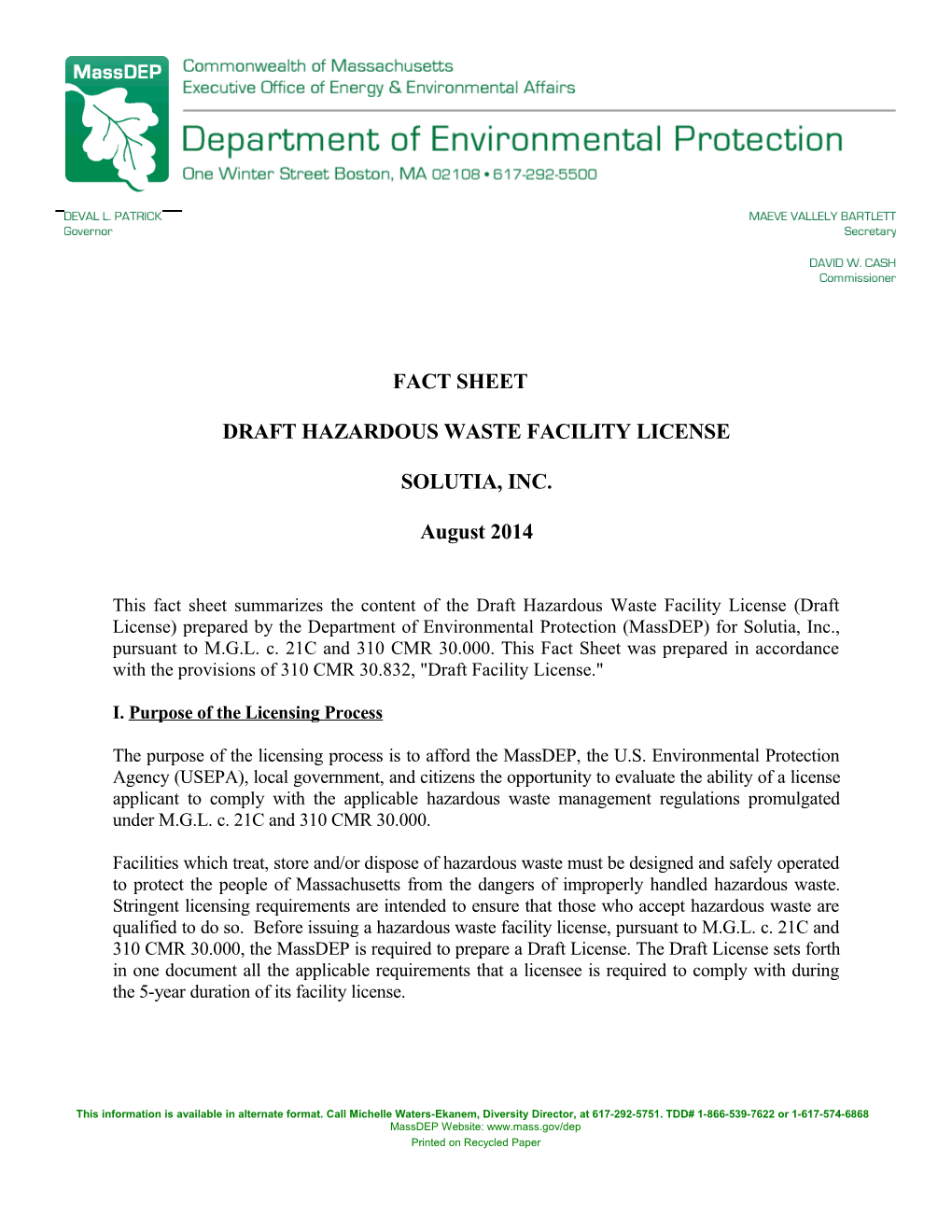 Draft Hazardous Waste Facility License