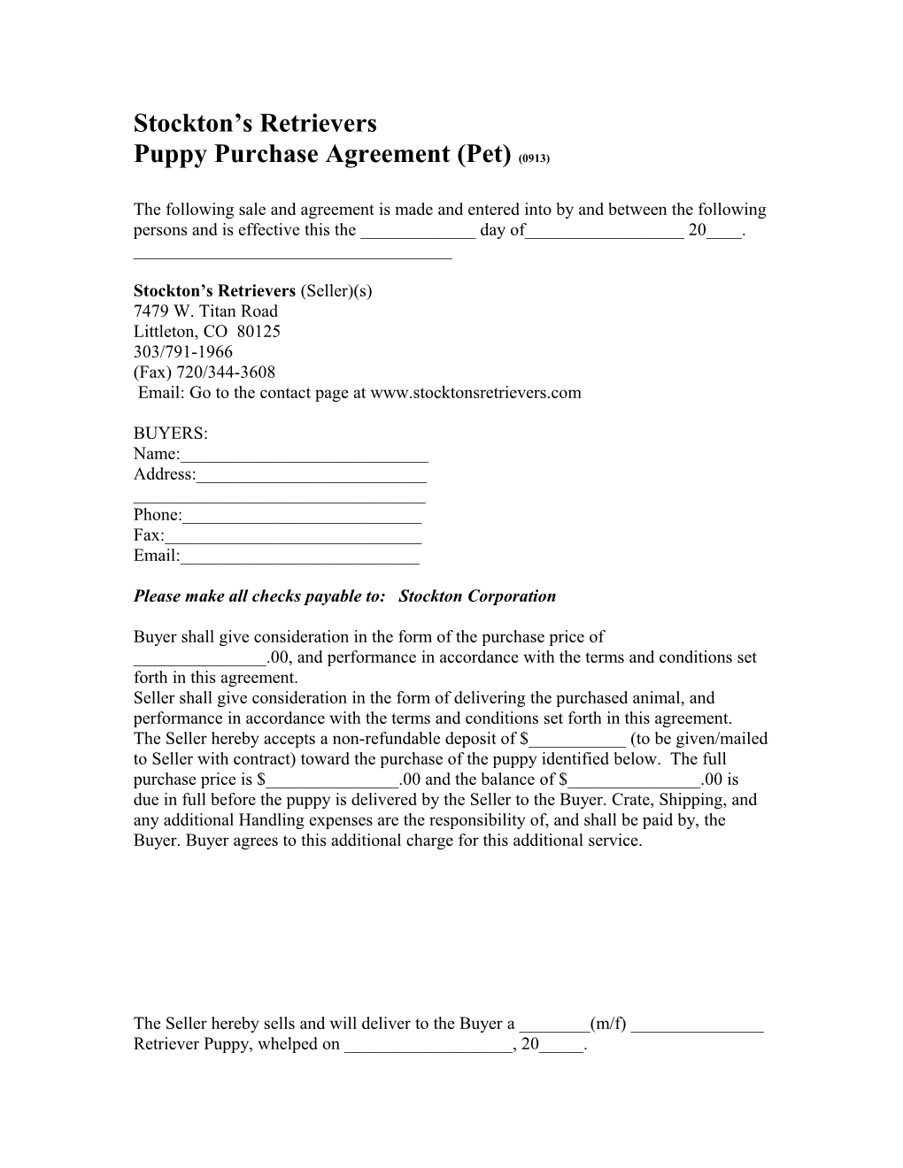 Puppy Purchase Agreement (Pet) (0913)