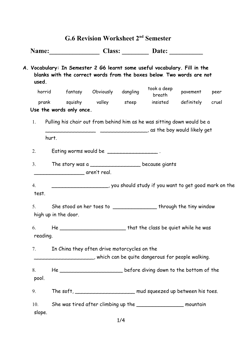 G.6 Revision Worksheet 2Ndsemester