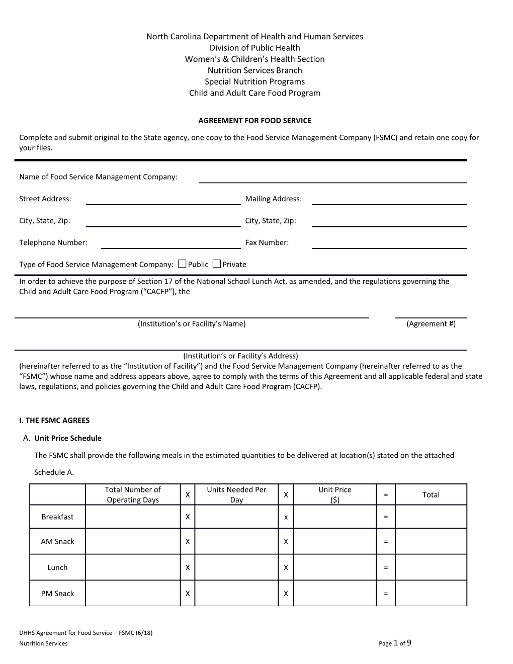 Agreement for Food Service