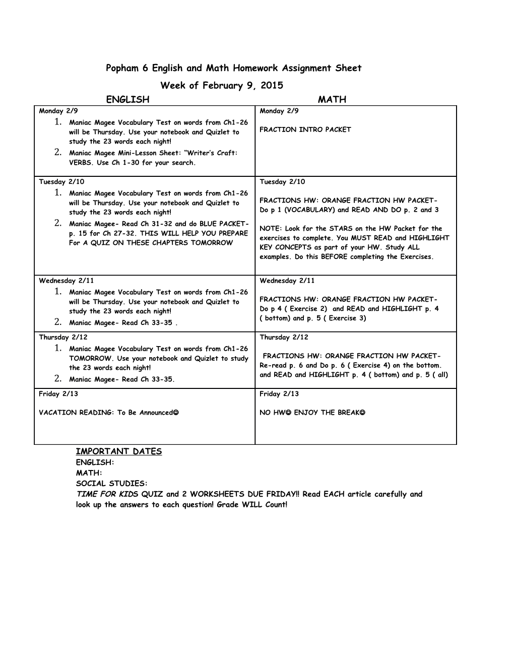Popham 6 English and Math Homework Assignment Sheet