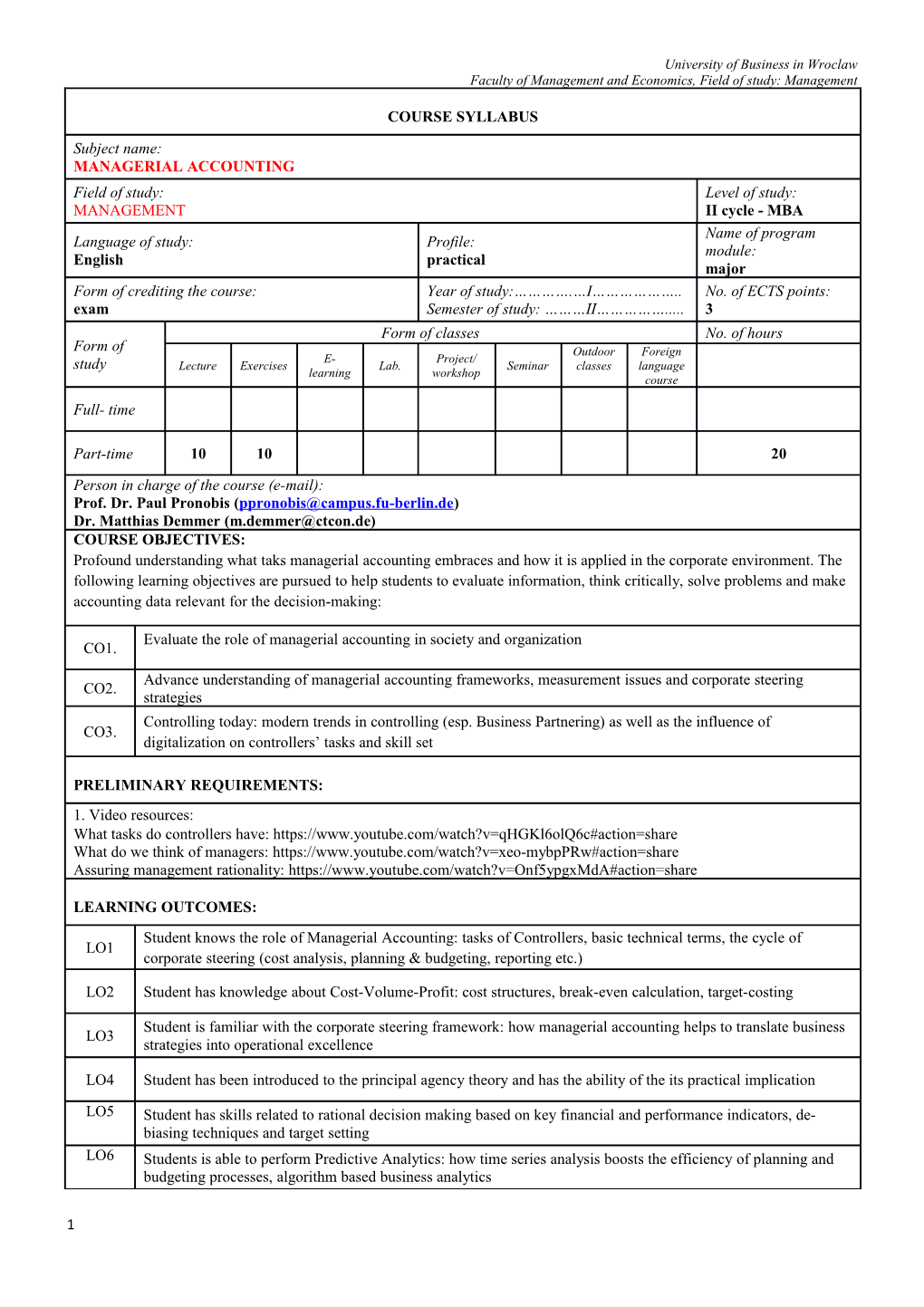 Faculty of Management and Economics, Field of Study: Management