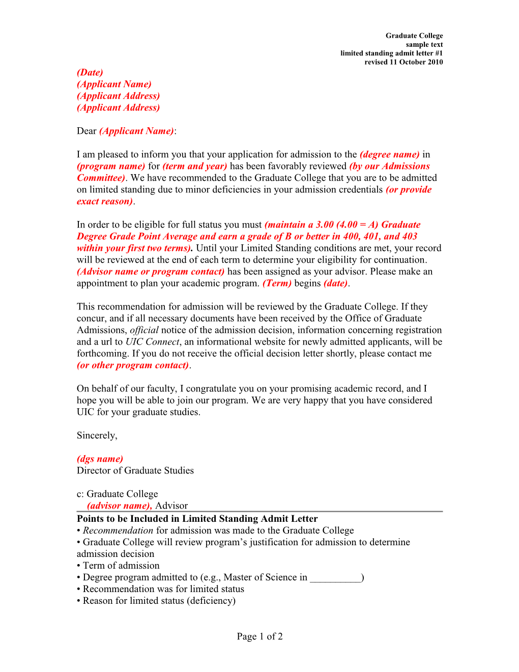 Limited Status Admit Letter
