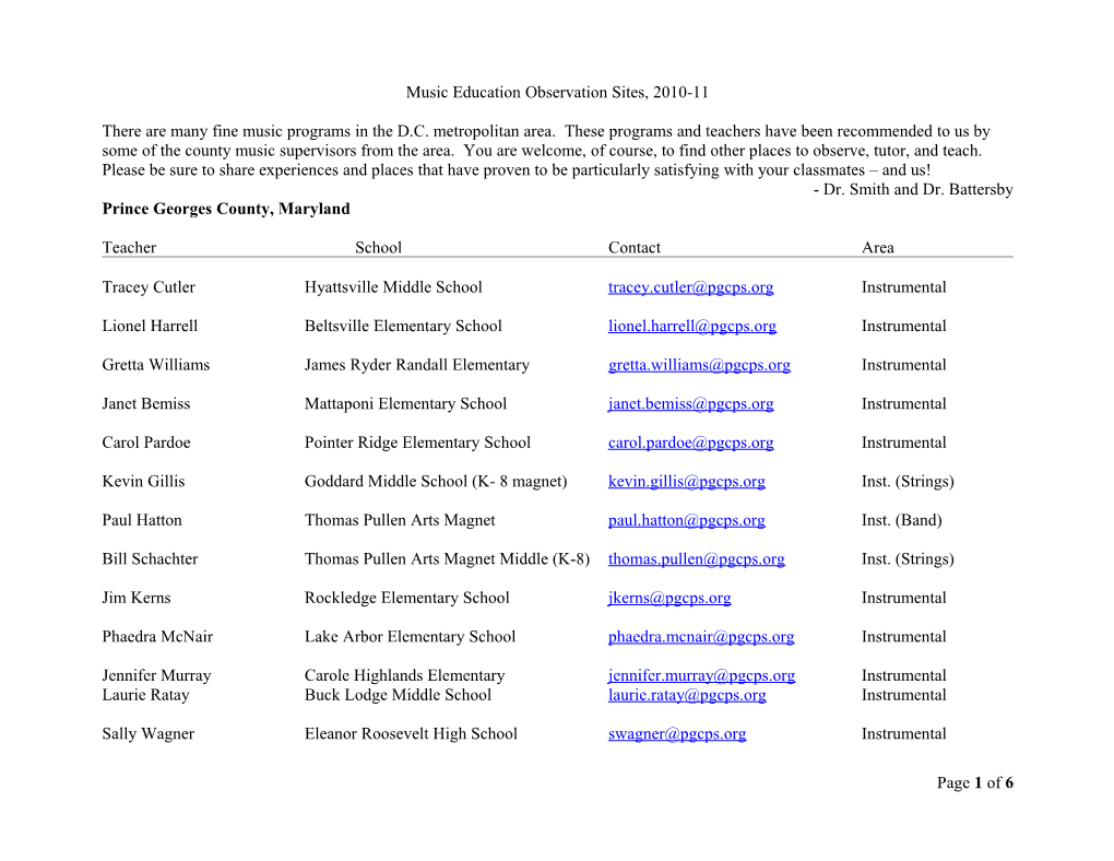 Music Education Observation Sites, Fall 2007