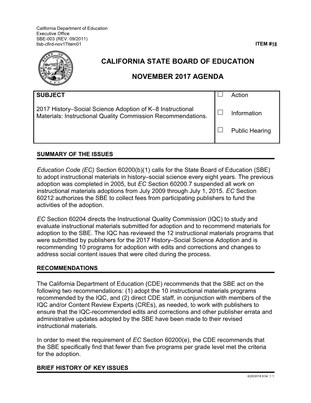 November 2017 Agenda Item 18 - Meeting Agendas (CA State Board of Education)