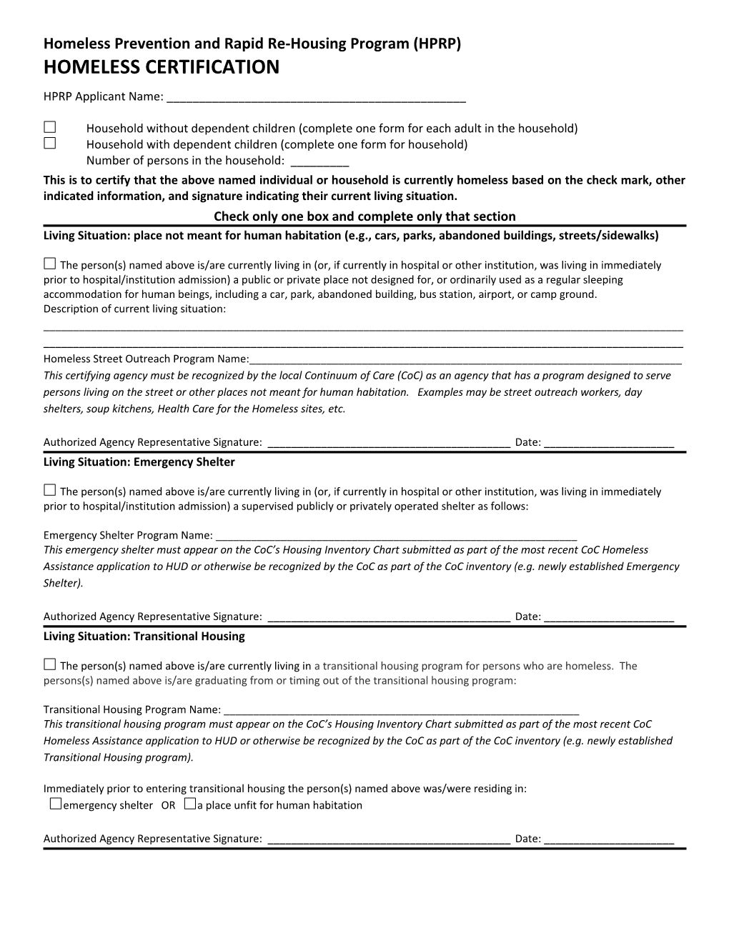 Homeless Certification Form