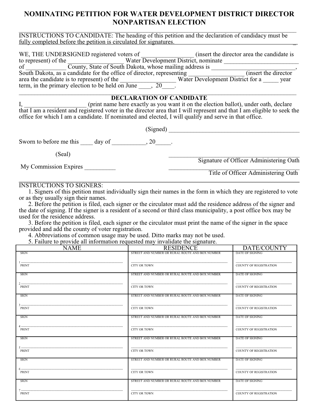 Nominating Petition for Water Development District Director Nonpartisan Election