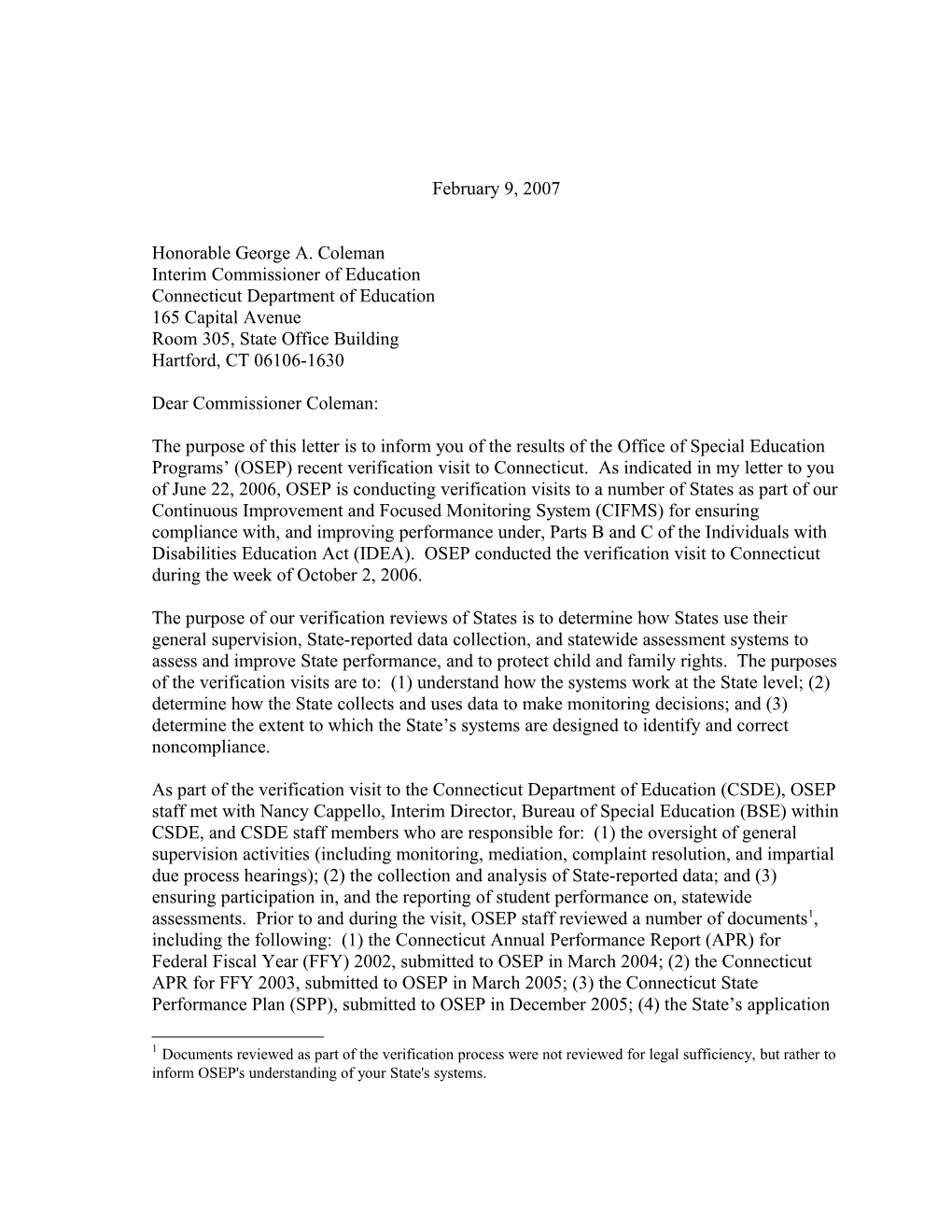 Connecticut Part B Verification Letter for Grant Year 2006-2007 (MS WORD)