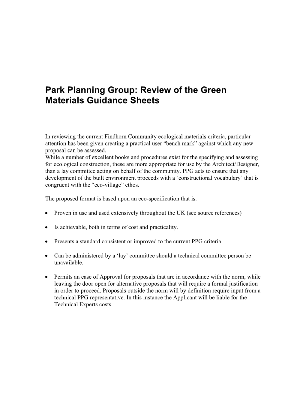 Park Planning Group: Review of the Green Materials Guidance Sheets