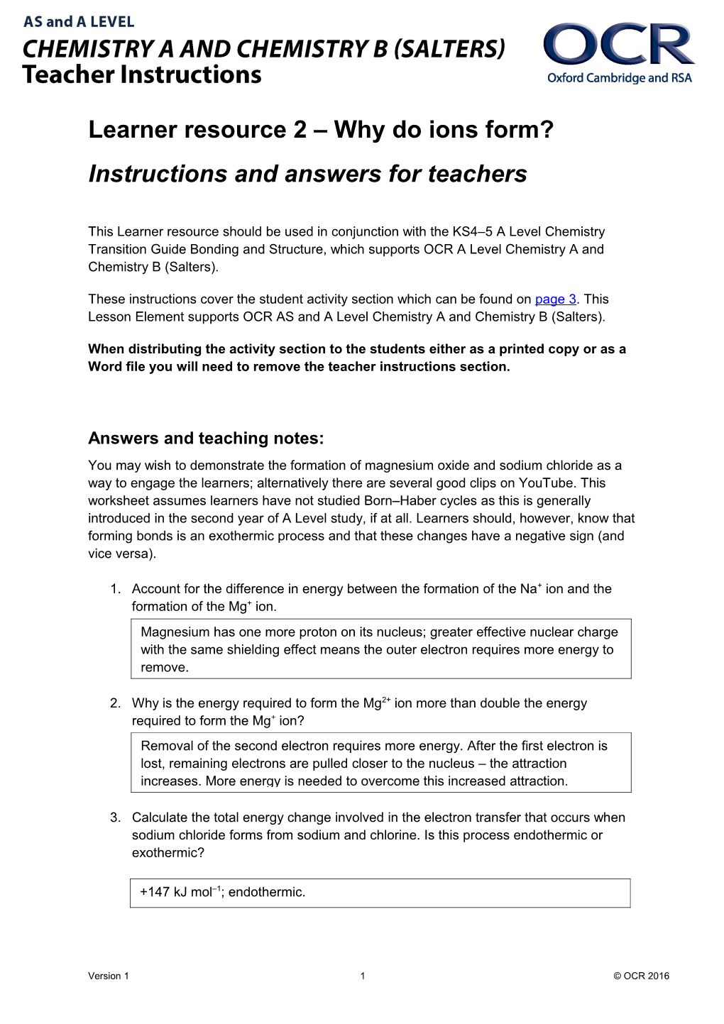 OCR AS and a Level Chemistry a Lesson Element 2 - Why Do Ions Form?