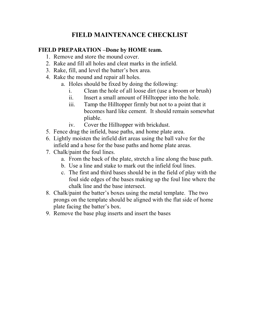 Field Maintenance Checklist