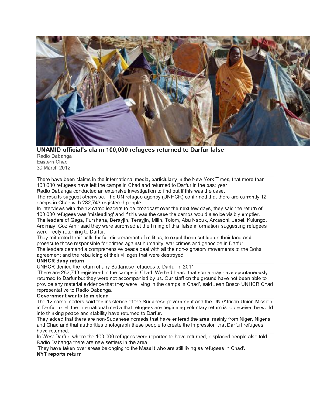 UNAMID Official's Claim 100,000 Refugees Returned to Darfur False