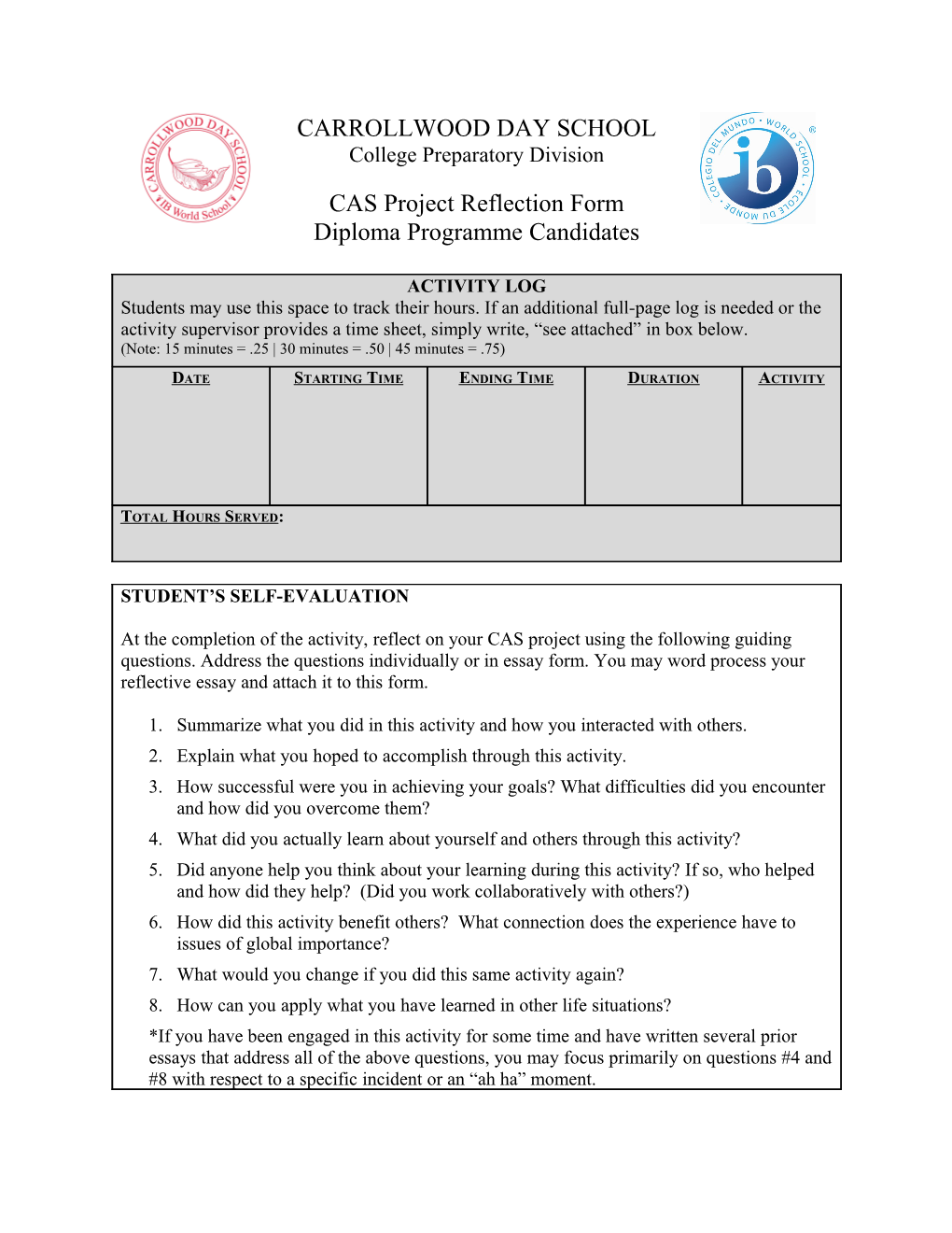 CAS Project Reflection Form