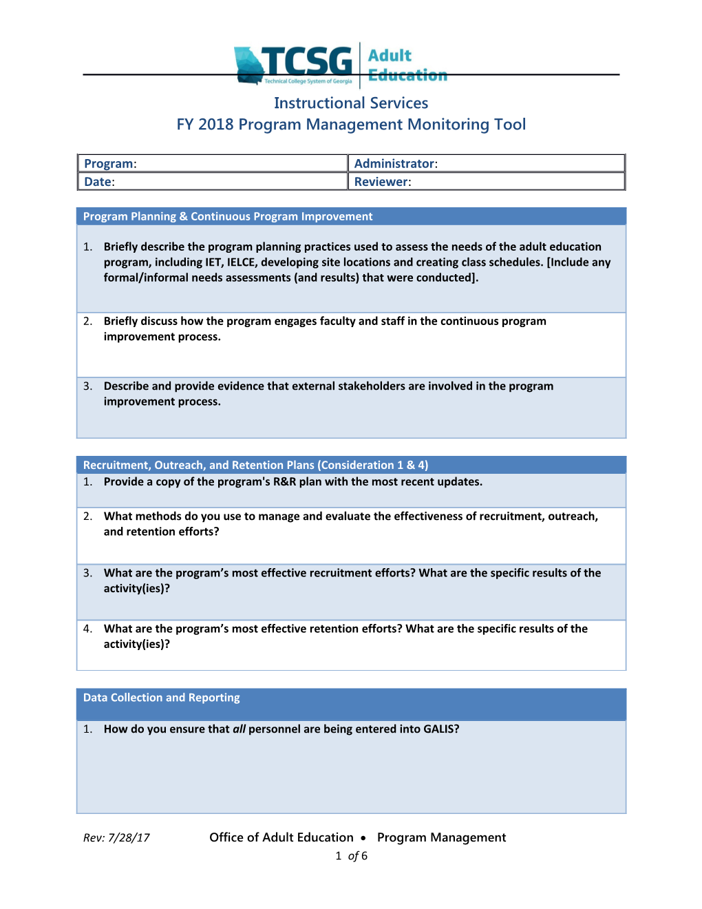 FY 2018 Program Management Monitoring Tool