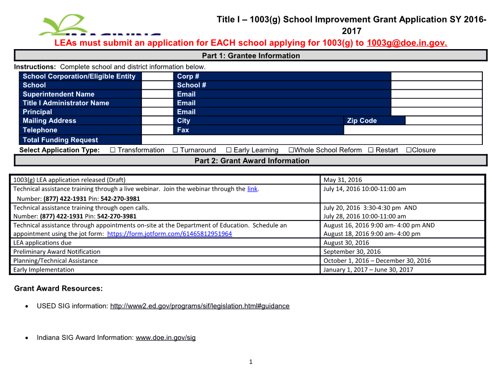 Leas Must Submit an Application for EACH School Applying for 1003(G) to