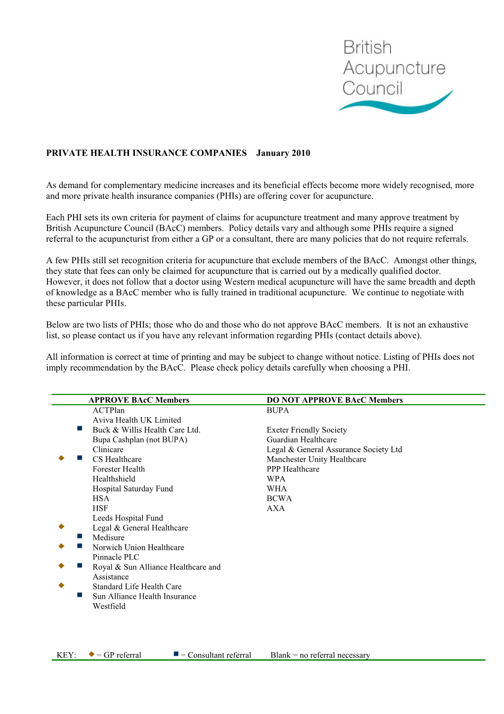 PRIVATE HEALTH INSURANCE COMPANIES January 2010