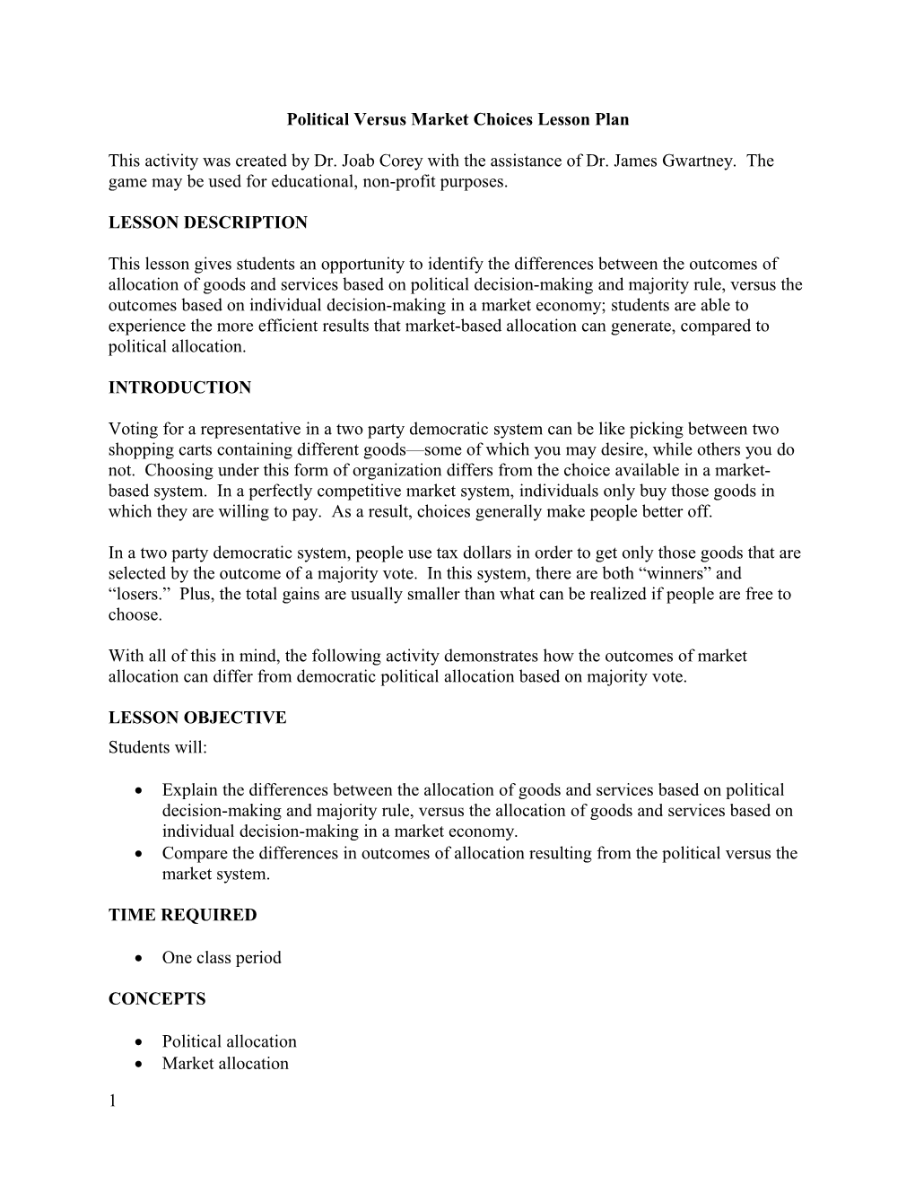 Political Versus Market Choices Lesson Plan