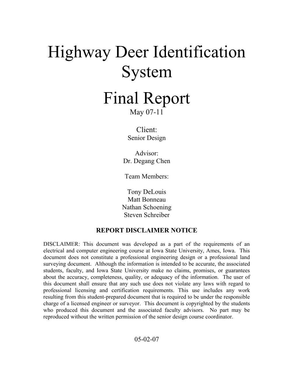 Highway Deer Identification System