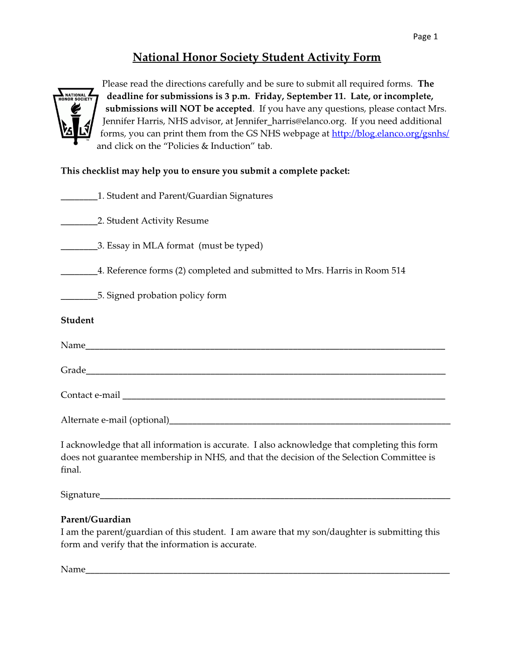 National Honor Society Student Activity Form