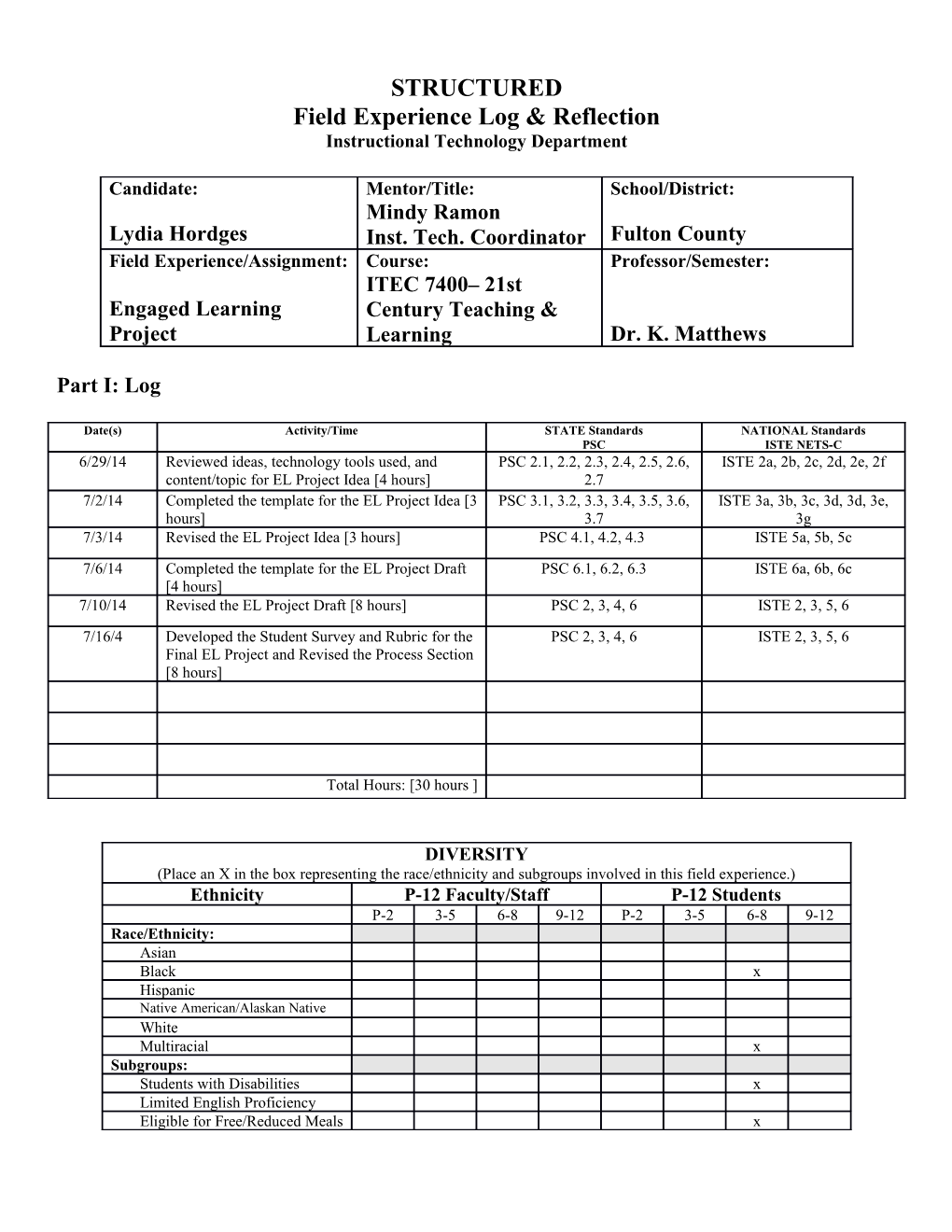 STRUCTURED Field Experience Log & Reflection