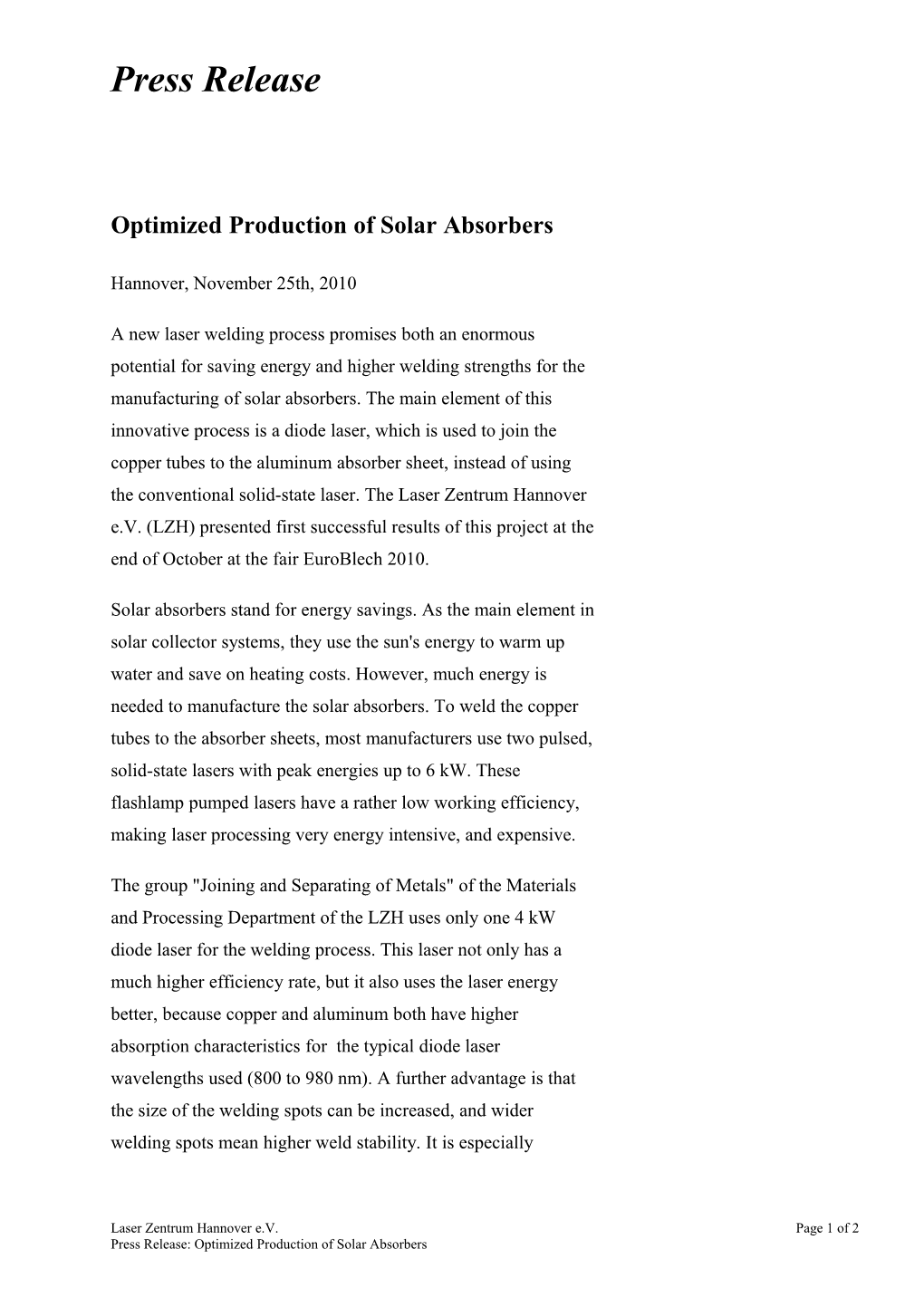 Optimized Production of Solar Absorbers