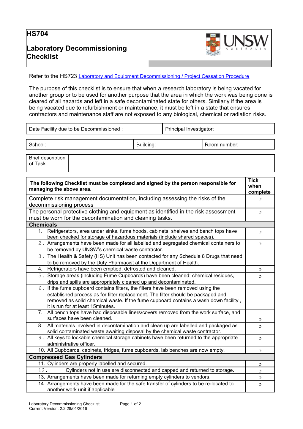 Laboratory Decommissioning Checklist