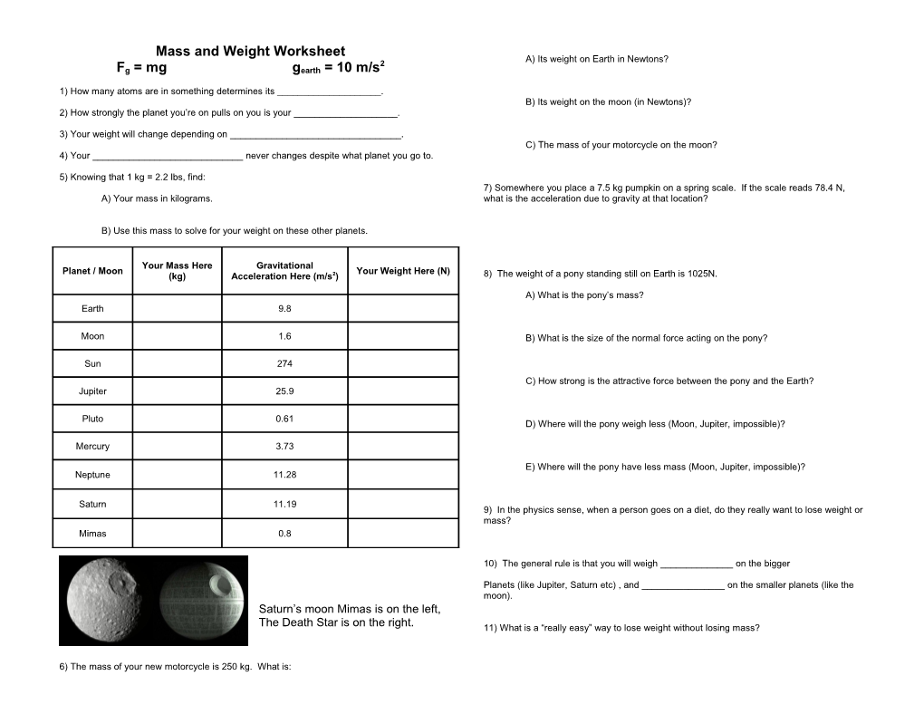 Mass and Weight Worksheet s1