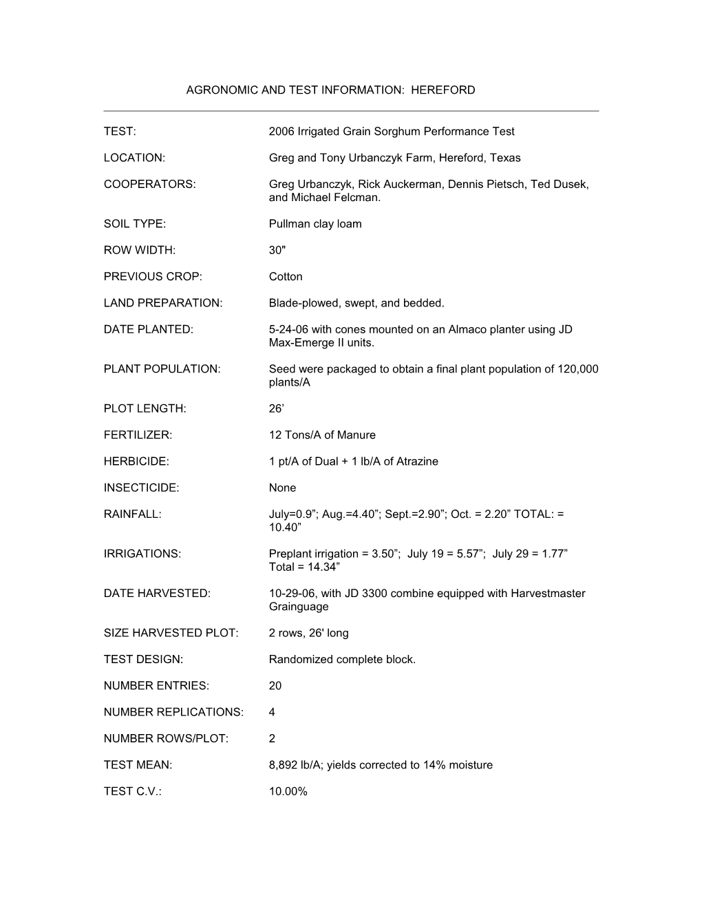 Agronomic and Test Information: Springlake