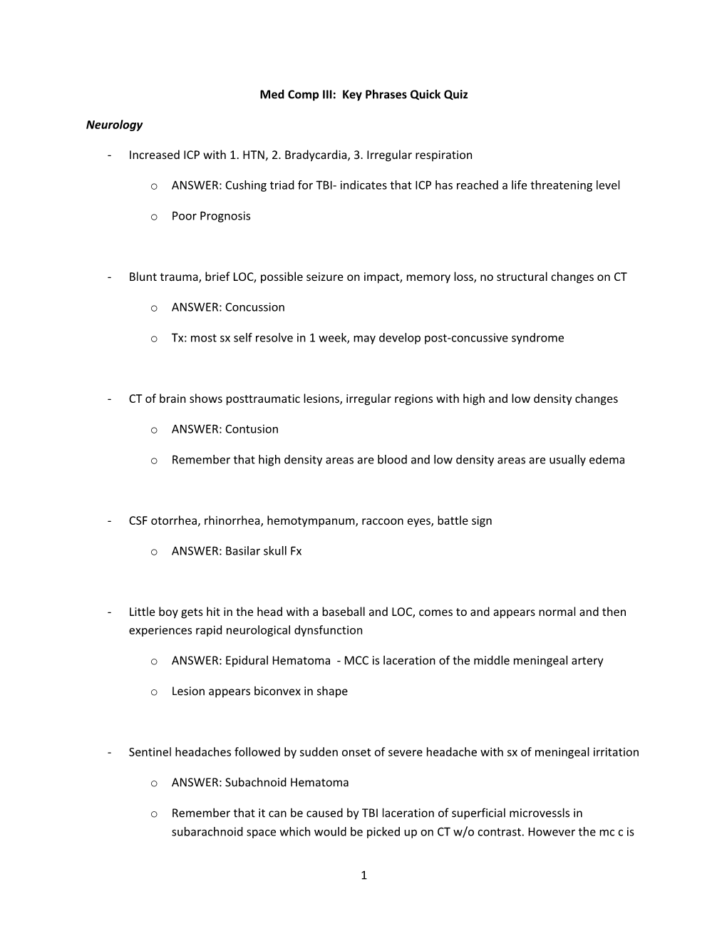 Med Comp III: Key Phrases Quick Quiz