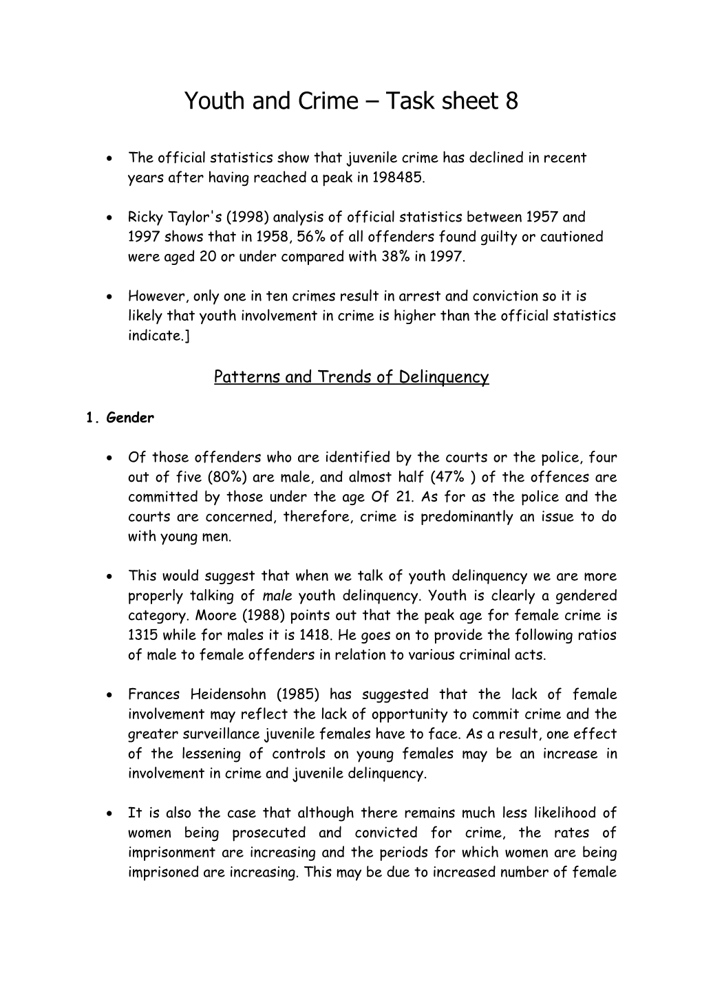 Youth and Crime Task Sheet 8