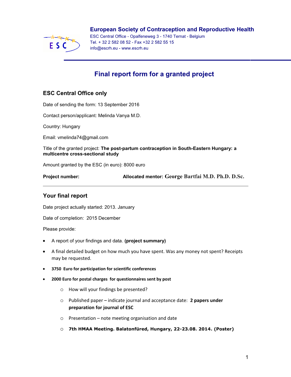 Final Report Form for a Granted Project