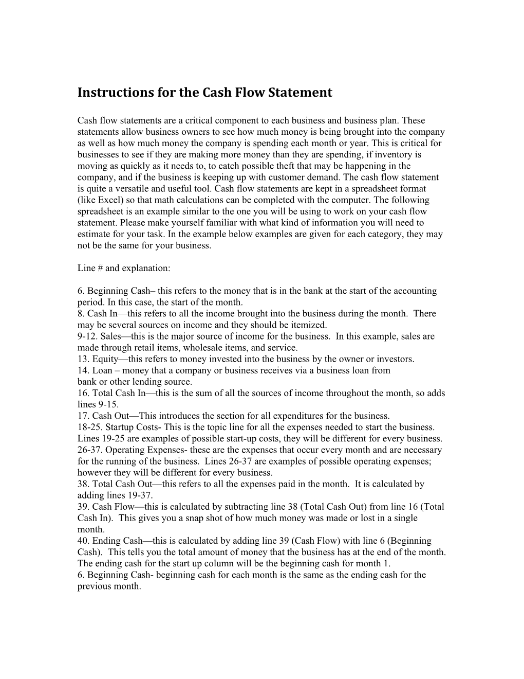 Instructions for the Cash Flow Statement