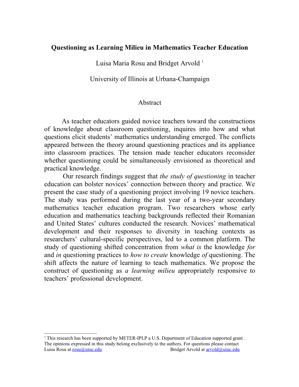 Questioning As Learning Milieu in Mathematics Teacher Education
