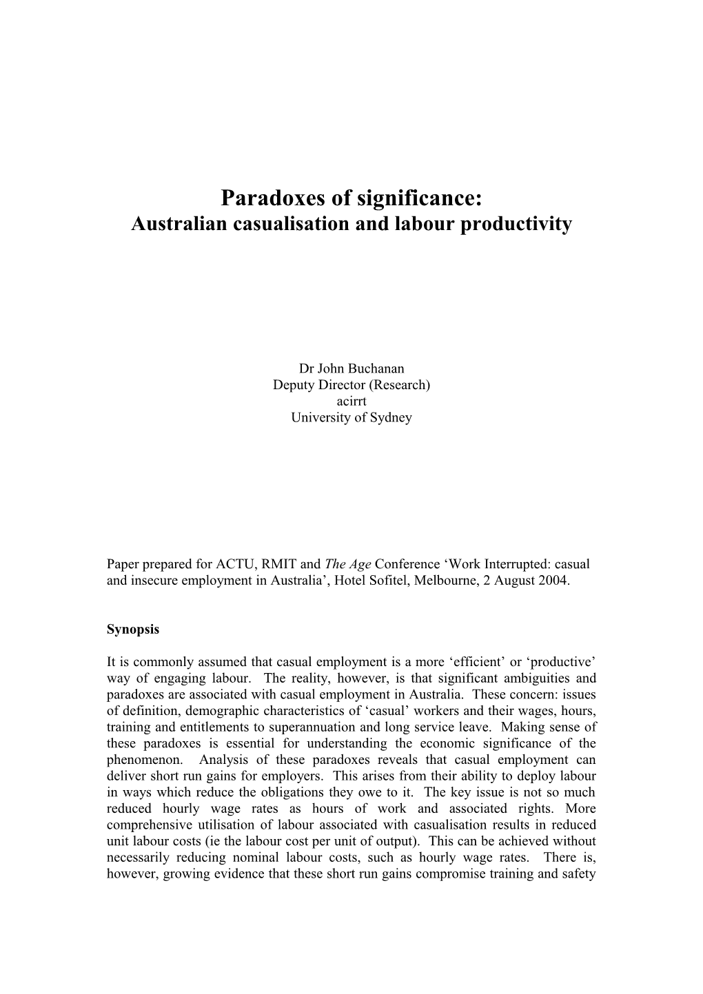 Paradoxes of Significance: Australian Casualisation and Labour Productivity