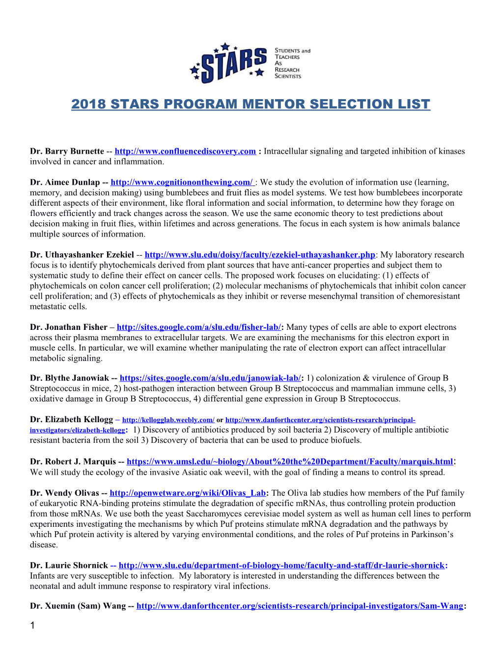 2018 STARS Research Mentors