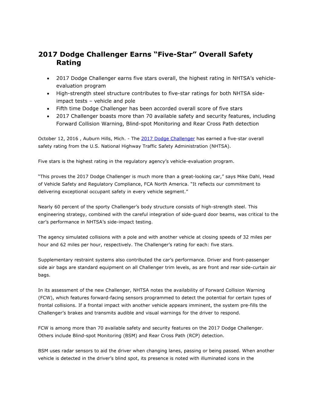 2017 Dodge Challenger Earns Five-Star Overall Safety Rating