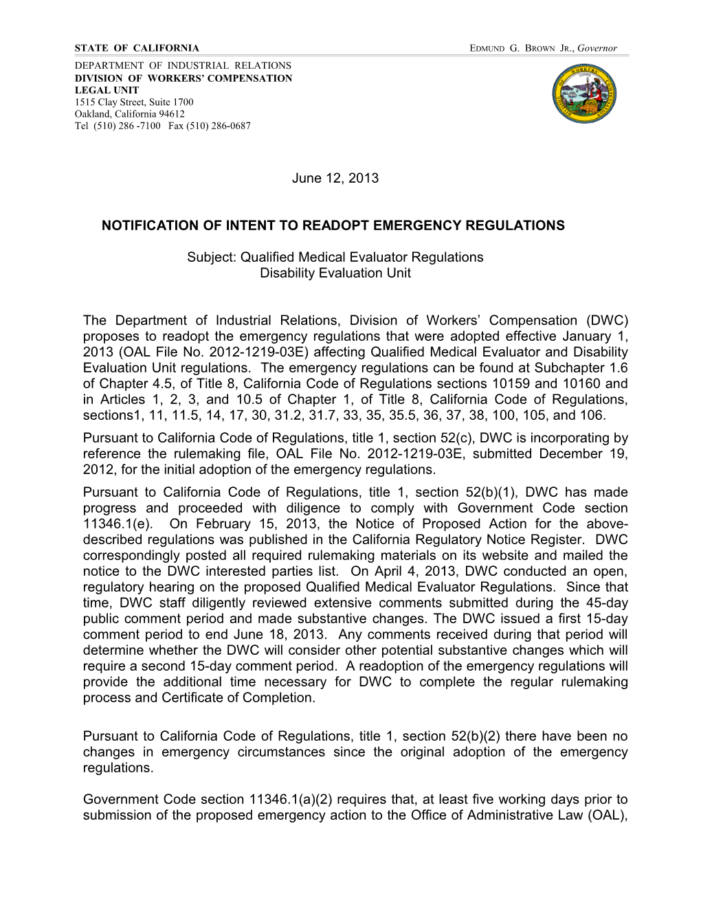 Notification of Intent to Readopt Emergency Regulations