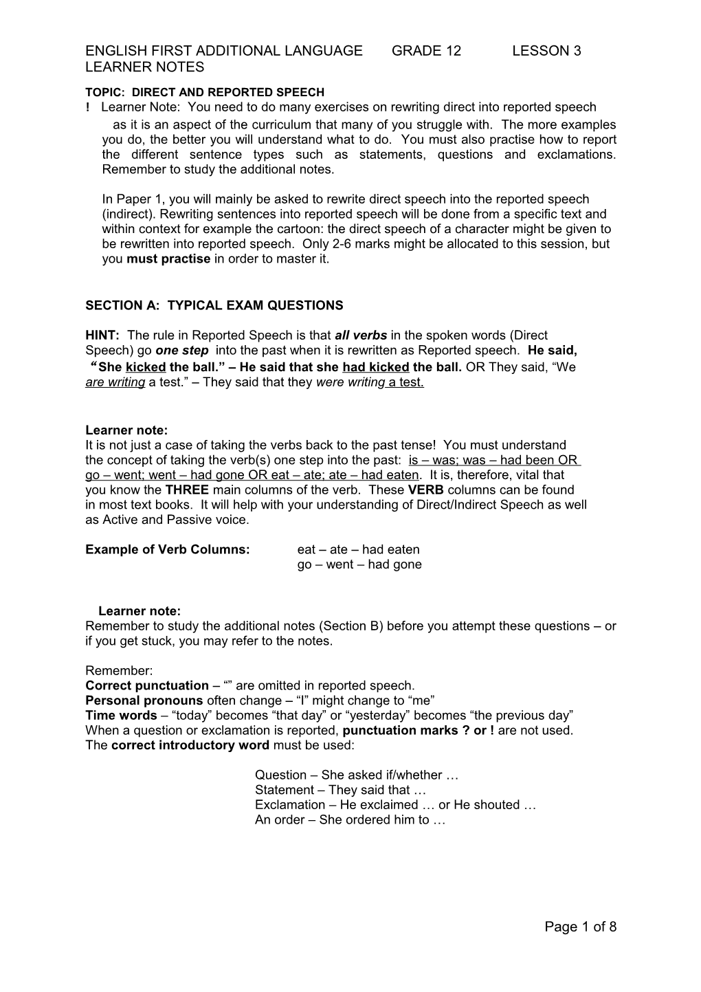 English First Additional Language Grade 12 Lesson 3 Learner Notes