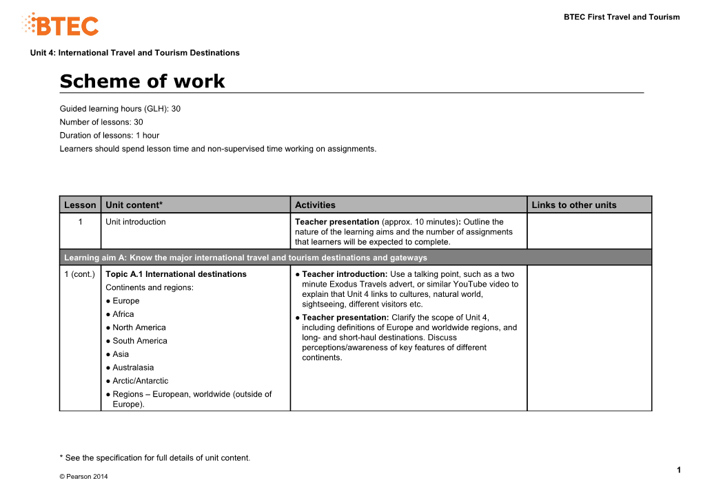 Unit 4: International Travel and Tourism Destinations - Scheme of Work (Version 1 Sept 14)