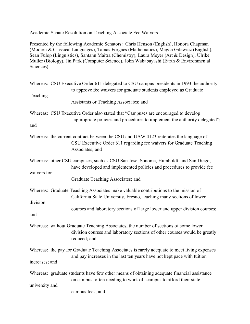 Academic Senate Resolution on Teaching Associate Fee Waivers