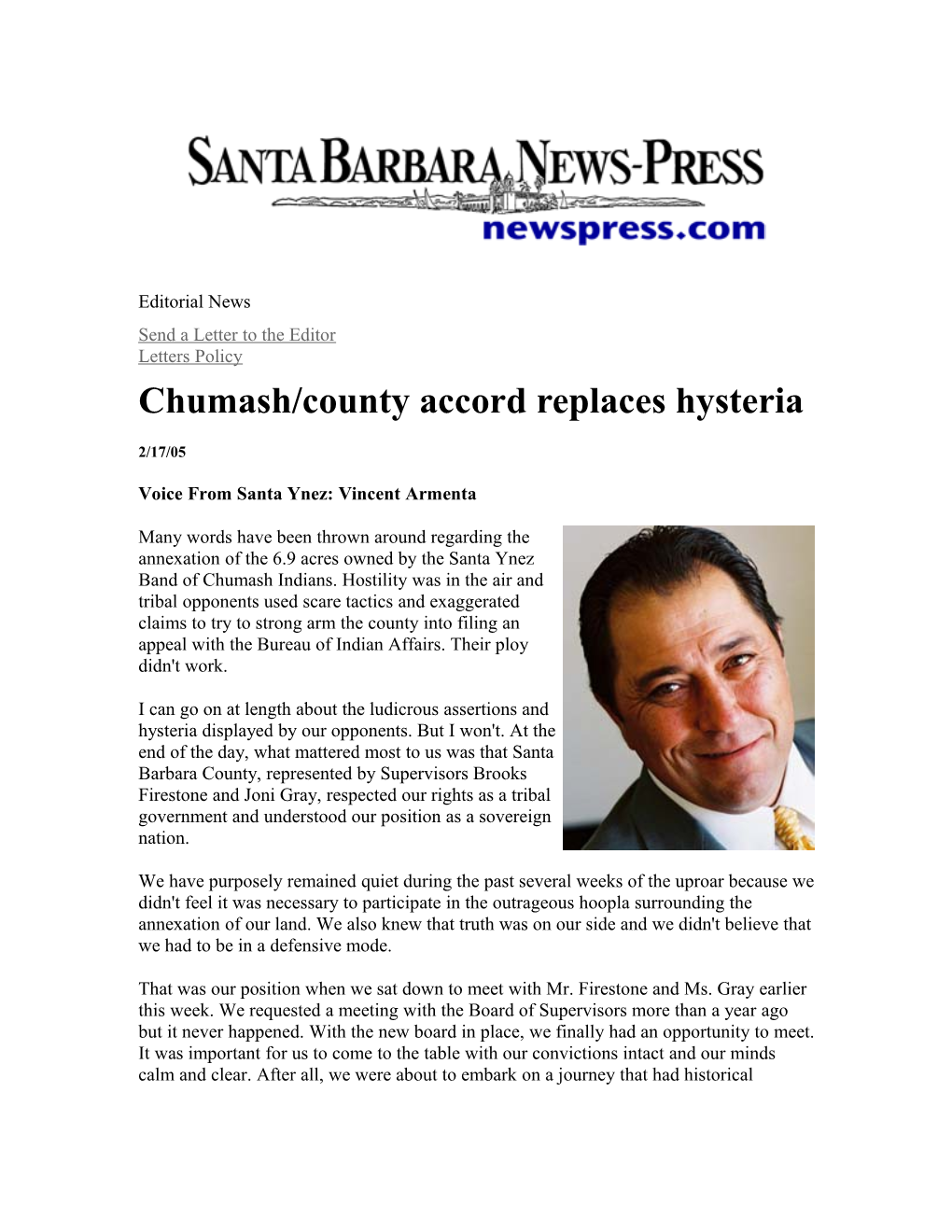 Chumash/County Accord Replaces Hysteria