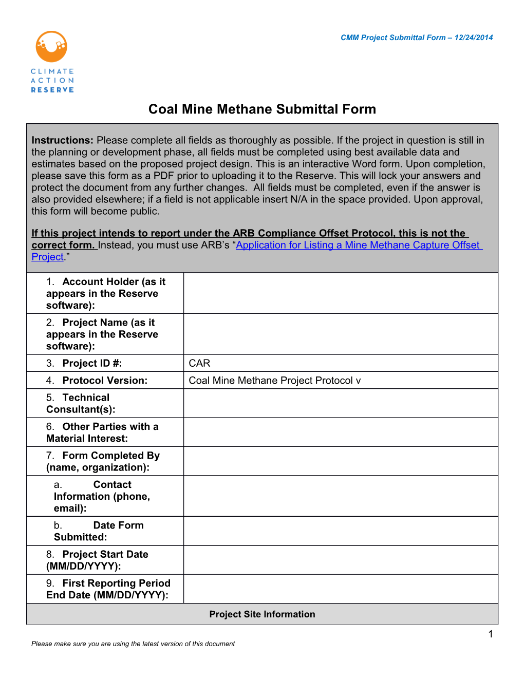 Coal Mine Methane Submittal Form