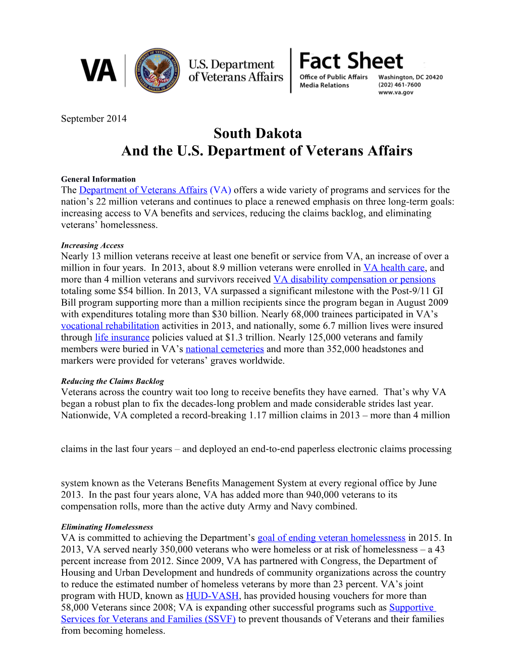 South Dakotaand the U.S. Department of Veterans Affairs