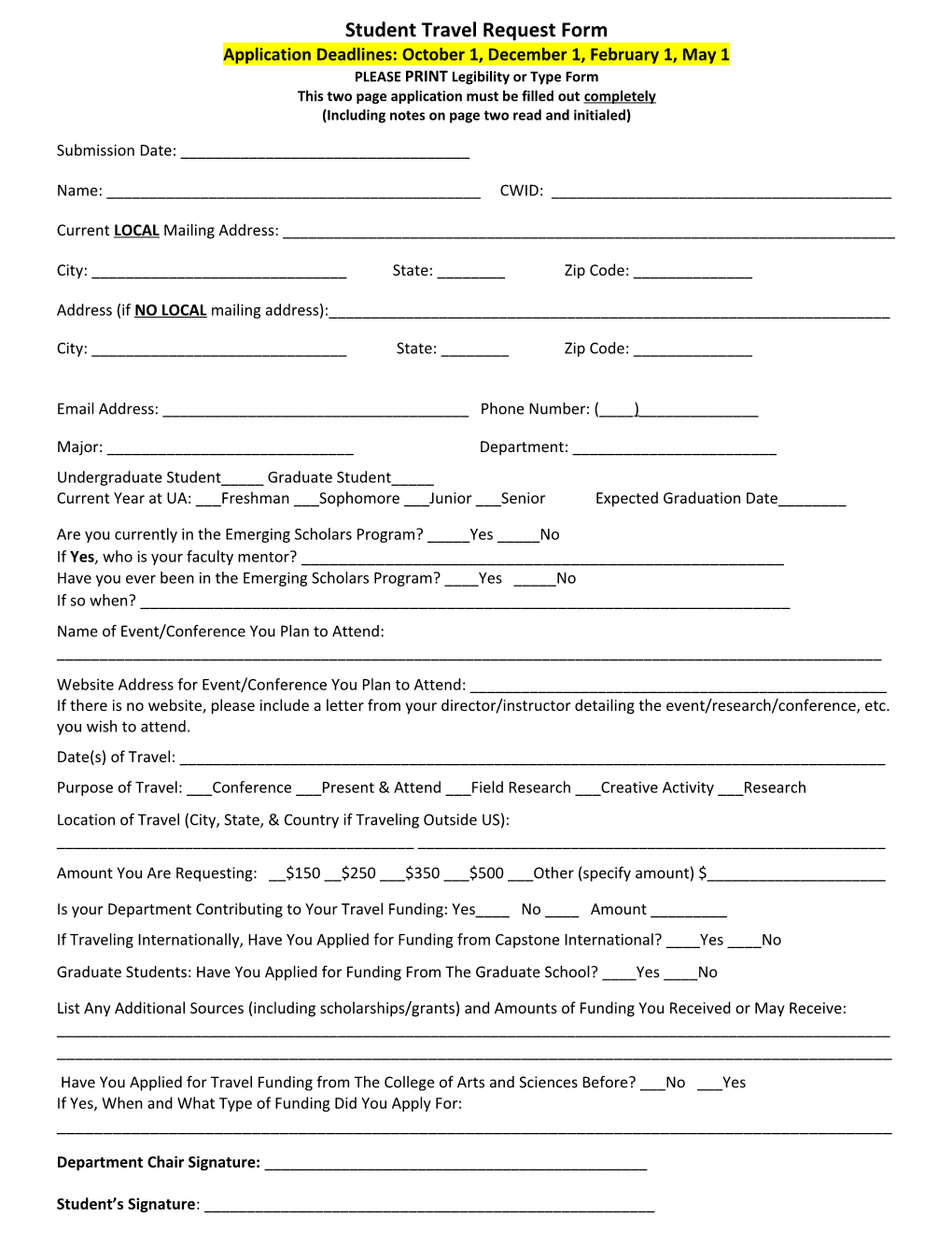 Student Travel Request Form