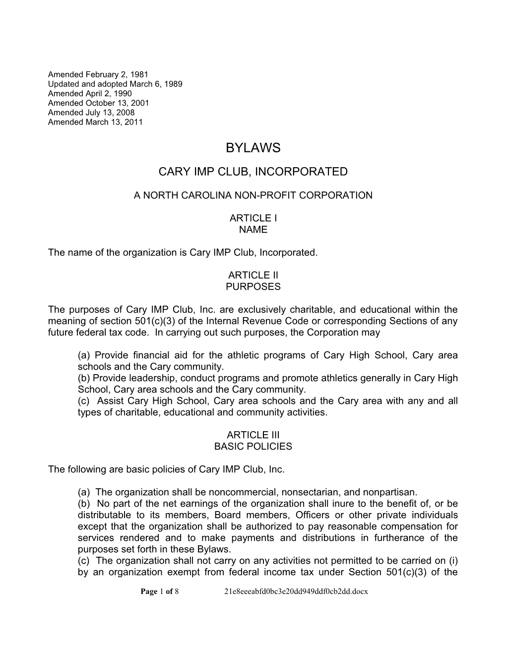 Cary IMP Club Revised Bylaws (00050272)